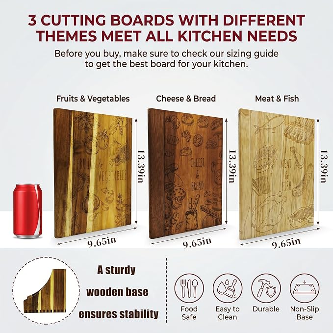 Wooden Book Cutting Board Set with Stand 3 Piece Wooden Cutting Boards Decorative Chopping Board Set for Kitchen Counter Fun Gift for Home Cooks