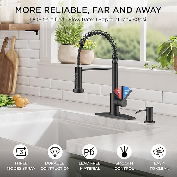FORIOUS Black Kitchen Faucet, Stainless Steel Single Handle | Classic Commercial Kitchen Sink Faucet with Sprayer, Suitable for Outdoor Laundry Rv Bar, with Deck Plate for 1 or 3 holes