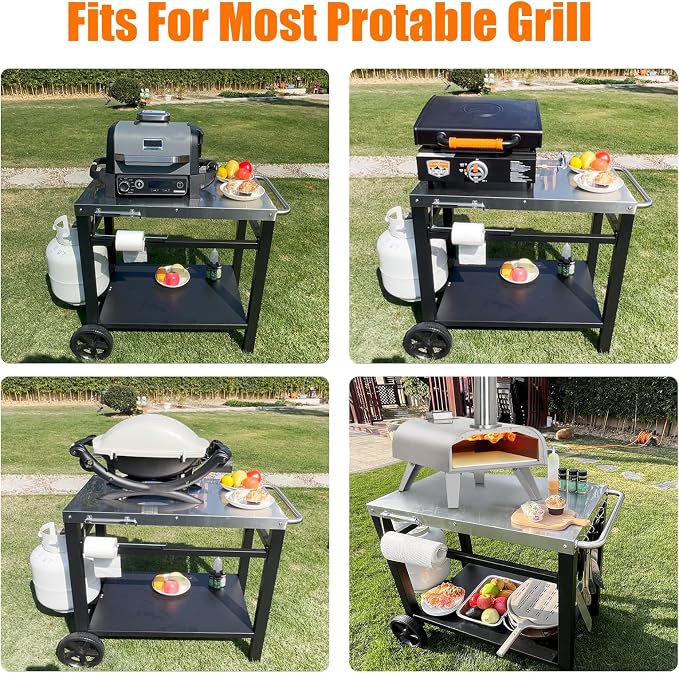 Grill Table, Movable Dining Cart, Pizza Oven Table Stand, Double-Shelf Grill Stand, Food Prep and Work Cart with Wheels, Hooks, Fits for Blackstone Ninja