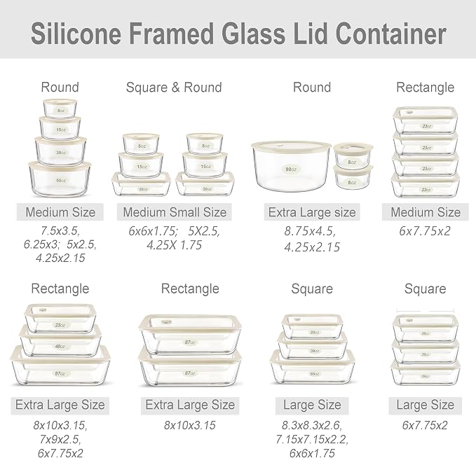 Glass Food Container Set with Glass Lid, 3 Pack, Meal Prep Containers with Silicone Framed Airtight Lid, Leakproof, 100% Plastic Free,