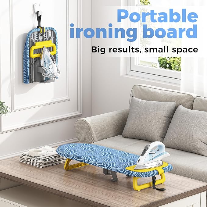 KINGBOARD Tabletop Ironing Board, Small Ironing Board with Iron Holder, Foldable Mini Iron Board, Easy Storage for Travel & Dorm, 12x32 Blue