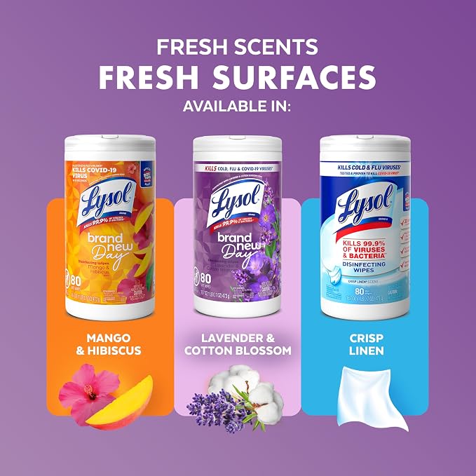 LYSOL Disinfecting Wipes, All Purpose Cleaner, Multi-Surface Antibacterial Cleaning Wipes, Household Cleaning Supplies, Dorm Essentials, Lavender & Cotton Blossom Scent, 80 ct.