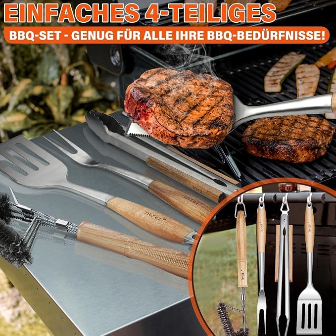 TIVOLI 4PCS Grilling Accessories Set - Heavy Duty BBQ Tool Set | Stainless Steel, Heat-resistant, Spatula, Tongs, Fork, Cleaning Brush, Gift Box, for Outdoor