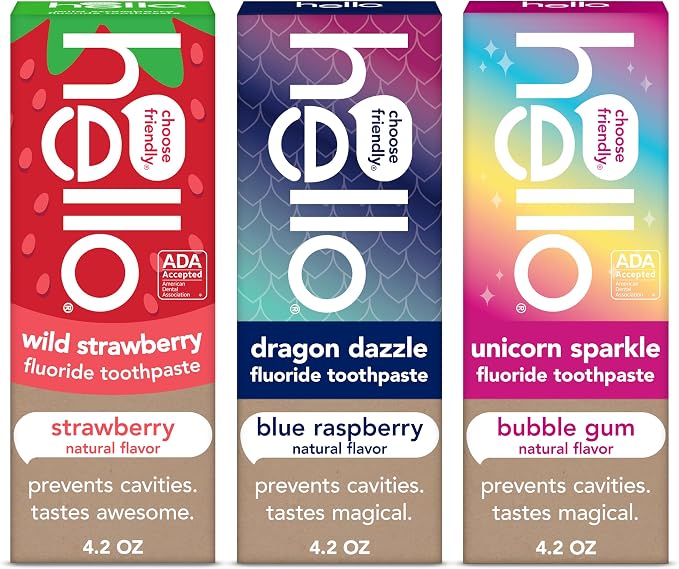 hello Kids Fluoride Toothpaste Variety Pack, 3 Pack, 4.2 oz | Bubble Gum, Strawberry, and Blue Raspberry Flavors, Safe for Kids Ages 2 and Up, Prevents Cavities, Polishes, and Brightens