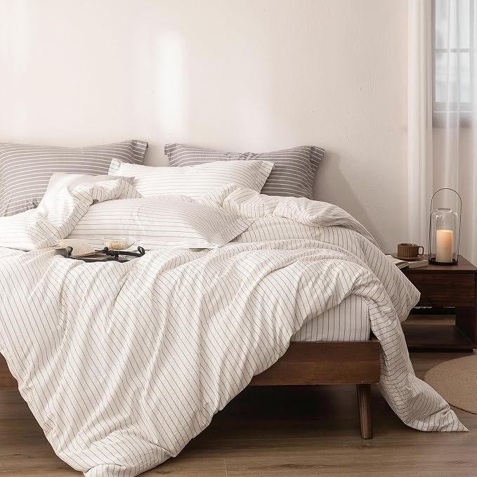 Stripe Duvet Cover Queen Size 90inch x 90inch,100% Washed Cotton Linen Feel Pinstripe Duvet Cover with Zipper Closure and 2 Pillowcases, Color of Off White and Linen Grey Stripe