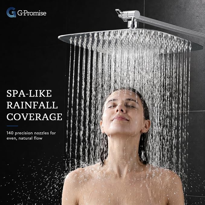 G-Promise All Metal 12 Inch Dual Square Shower Head with Handheld Spray Combo, Rain Shower Head, Adjustable Extension Arm, 3-Way Diverter, 71 Inch Extra Long Hose - A Bathroom Upgrade (Chrome)
