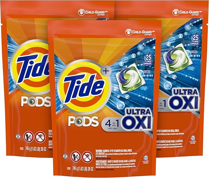 Tide PODS Liquid Laundry Detergent Soap Pacs, 4-in-1 Ultra Oxi, HE Compatible, 3 Bag Value Pack, 75 Count