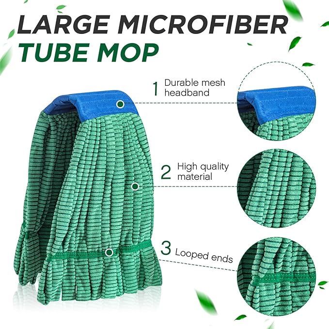 Hushee 20 Pack Large Microfiber Tube Mop Heads 18 oz Heavy Duty Commercial Industrial Wet Mop Head Refill Reusable Machine Washable Looped End Mopheads for Hardwood, Tile, Laminate Floors, Green