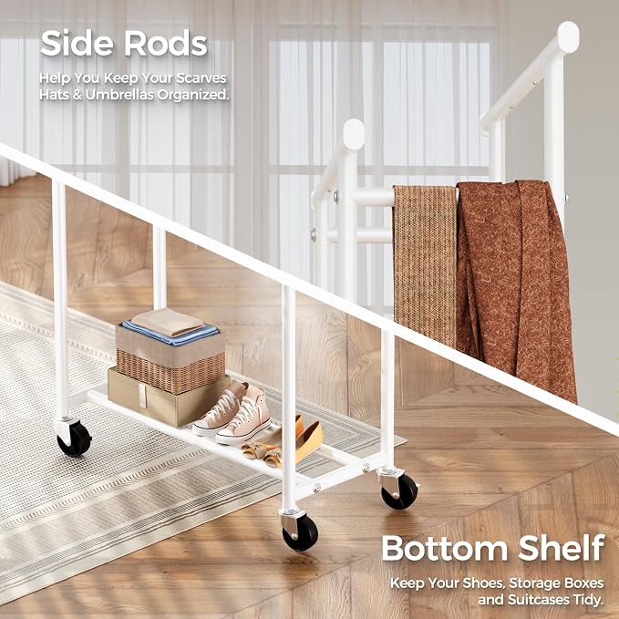 HYSEYY Clothes Rack, Double Rods Rolling Clothing Rack for Hanging Clothes, Portable Garment Rack with Wheels, Coat Rack Wardrobe Closet Load 240 LBS for Bedroom Laundry Room (White, L)
