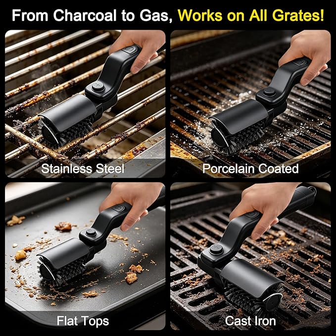Maxmartt Electric Grill Brush, High Torque Grill Brush with 3-Speed Modes, 180° Electric Grill Cleaning Brush BBQ Cleaner Safe for Porcelain Cast Iron Stainless Steel, Reinforced Steel Bristles