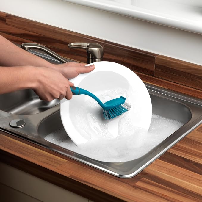 Beldray LA024152TQ Cleaning Bundle with Broom, Dustpan and Brush Set, Scrubbing Brush & Dish Brush, Long Handled Indoor Floor Sweeping, Washing Up Brushes, Bathroom/Tile/Grout Cleaner, Soft Grip, Blue