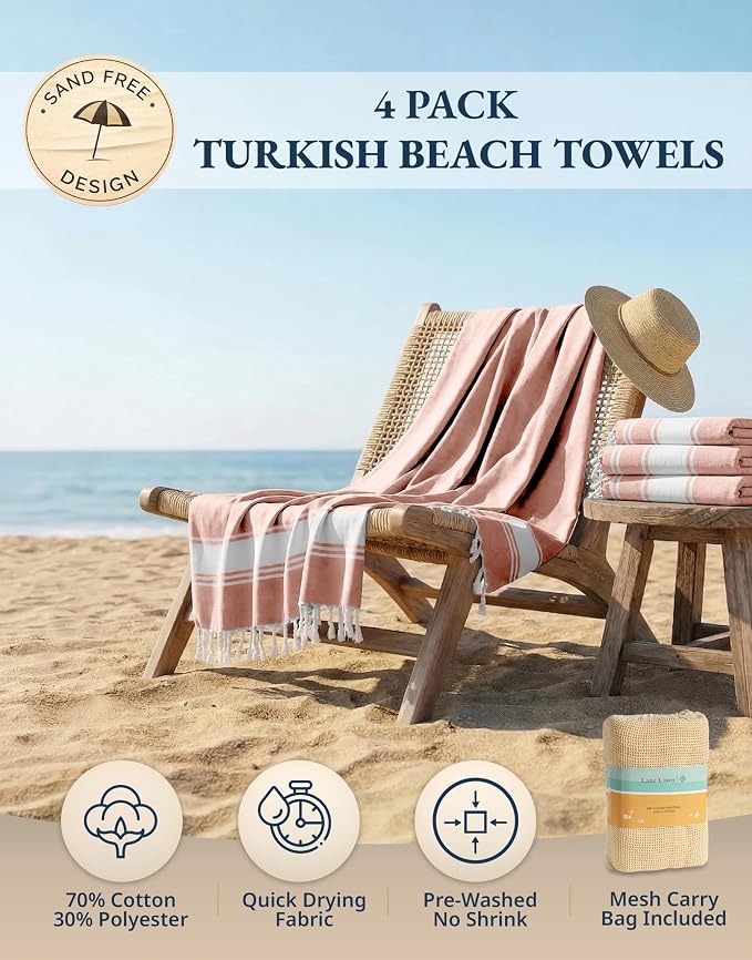 LANE LINEN Beach Towels 4 Pack, Beach Towels Oversized, Soft - Quartz Pink | Pre-Washed Extra Large Beach Towel - Quick Dry, 39"x71", Vacation Essential - Machine Washable, Travel & Camping, Great Gift
