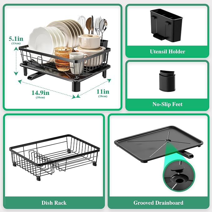 MOUKABAL Dish Drying Rack with Drainboard for Kitchen Counter, Black | 11×15 Large Capacity/Rustproof Stainless Steel/Fast Drainage Dish Drainer/Removable Utensil Holder/Kitchen Counter Organizer