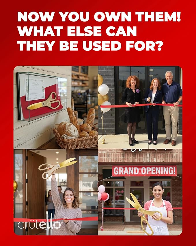 Crutello Ribbon Cutting Ceremony Kit - Grand Opening Ribbons and Scissors - 20"Giant Gold Scissors and 30 Foot Large Red Ribbon 4"Wide - Ceremonial Kit