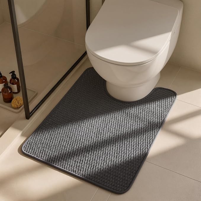 Triohero Toilet Rug, Thin Toilet Rugs U Shaped Washable Non Slip Absorbent Quick Dry Low Pile Toilet Mat, Dark Grey 20"x24" U Shape