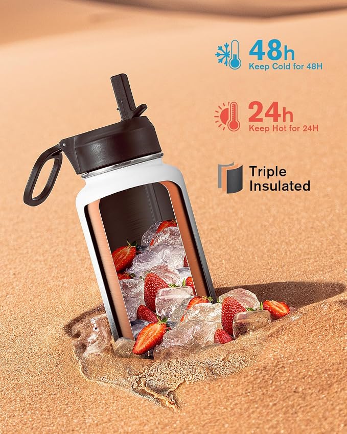 Coolflask Water Bottle 32 oz Insulated with Straw, Stainless Steel Metal 3 Lids Water Flask Wide Mouth for Sports or Office, Non-BPA Keep Cold Up to 48 Hrs or Hot Up to 24 Hrs, White & Black
