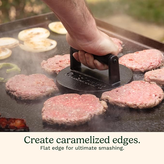 Cuisinart Smash Burger Press, Cast Iron, 6.5" Round Burger Smasher | CISB-111, hamburger press with round flat edge for crispy carmelization, the go-to grill press for indoor and outdoor cooking