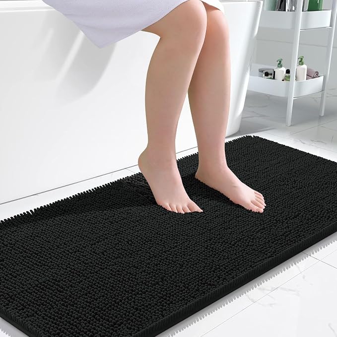 OLANLY Bathroom Runner Rugs 47x24, Extra Soft Absorbent Chenille Bath Rugs, Rubber Backing Quick Dry, Machine Washable Long Bath Mats for Bathroom Floor, Tub and Shower, Home Decor Accessories, Black