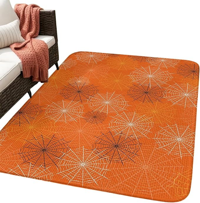 Orange Halloween Washable Area Rugs for Living Room Bedroom, Large Non Slip Indoor Floor Carpet Absorbent Low Pile Black White Net Halloween Door Mat Rugs for Bathroom Entryway 63"x78.7"