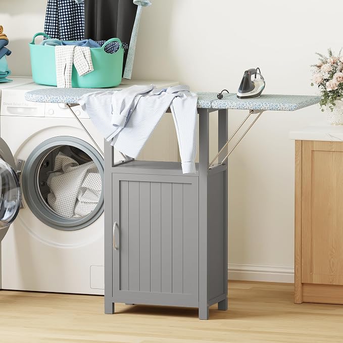 Ironing Board with Storage Cabinet, Ironing Station with Extra Storage | Ironing Board Cabinet with Heat-Resistant Pad, Ironing Table, Wood Folding Ironing Board for Small Spaces, Laundry Room, Grey