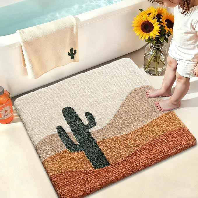 LUMI Bathroom Rugs with Cactus Plant, Square Bathroom Mat, Ultra Soft, Absorbent Quick Dry, Non-Slip Washable Shower Rugs, Luxury Carpet for Shower Floor, Bathtub, Home Decor, 32"x32"
