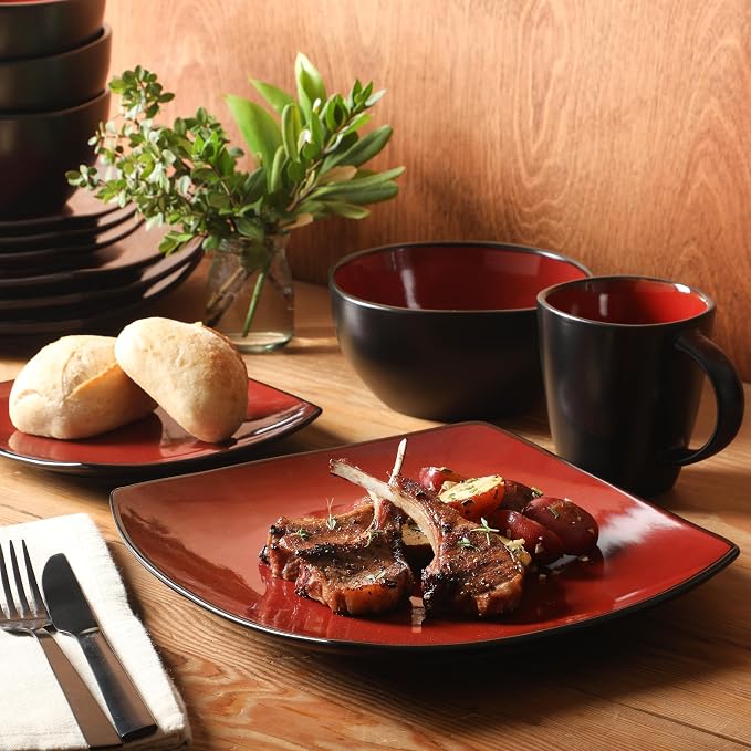 Gibson Elite Soho Lounge Square 16-Piece Dinnerware Set, Service for 4, Reactive Glaze Stoneware Plates and Bowls, Modern Dishes, Microwave & Dishwasher Safe – Red and Black