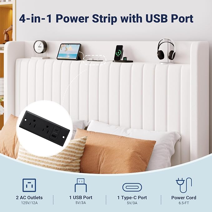 Allewie Queen Lift Up Storage Hydraulic Bed Frame,Charging Station,White | Storage Shelf Headboard with Charging Station,Type-C,USB Ports,Hydraulic Support,Velvet Upholstered,No Box Spring Needed