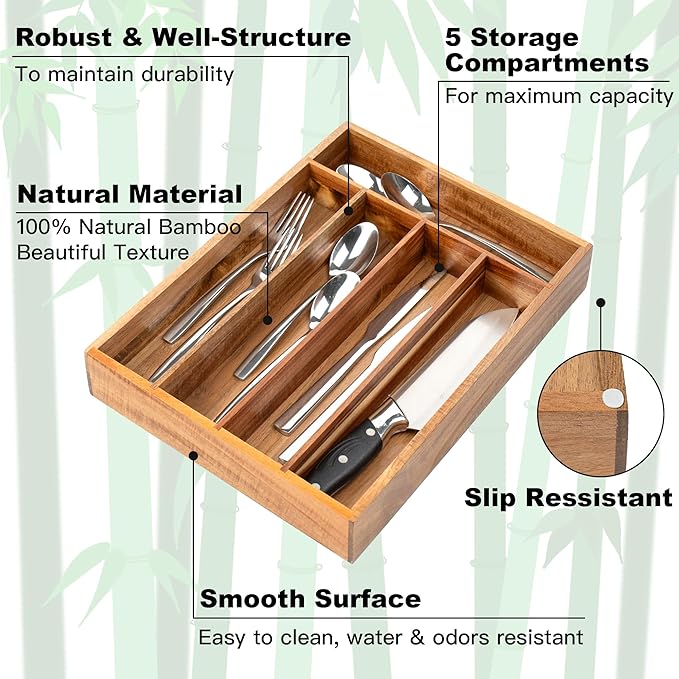 Besilord Silverware Organizer Kitchen Drawer Organizer Utensil Organizer Acacia Silverware Holder Cutlery Organizer in Drawer Flatware Organizer Tray(5 slots, Acacia