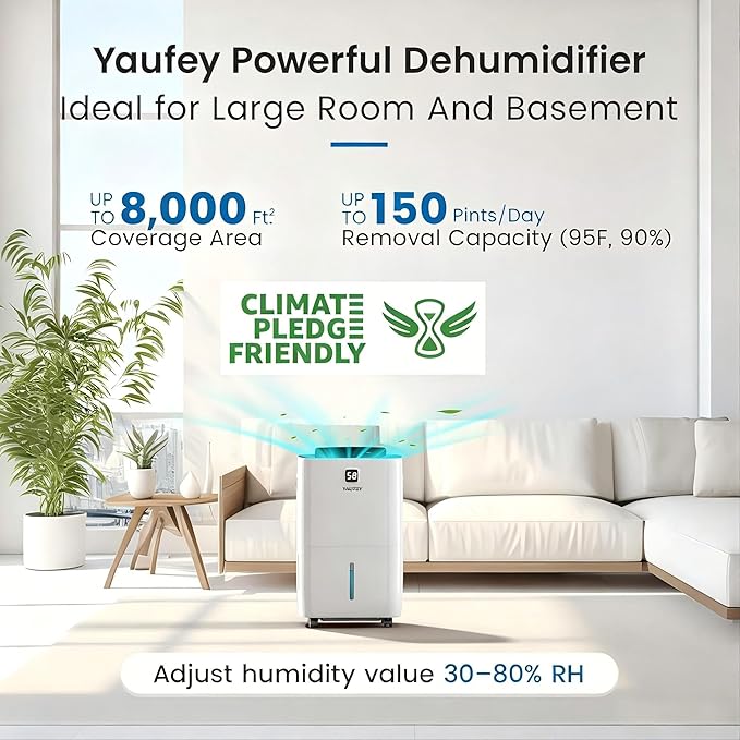 Yaufey 150 Pints Dehumidifier with Pump for Home, Basement and Large Room up to 8000 Sq. Ft., With Drain Hose, Timer, Intelligent Humidity Control and Large Water Tank