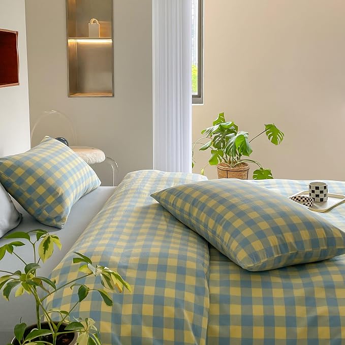 mixinni Plaid Duvet Cover Set King Yellow - Soft Washed Cotton Modern Geometric Bedding Set with 2 Pillowcases, Blue Green Gingham Grid King Duvet Cover for Men & Women, Soft & Lightweight