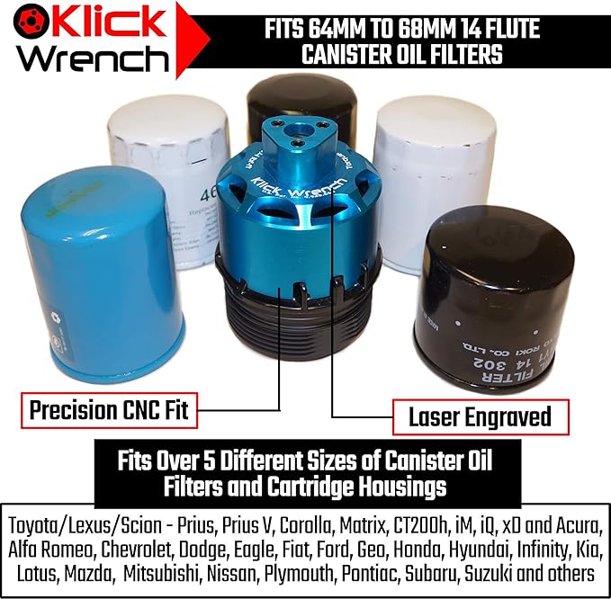 68mm 67mm 66mm 65mm 64mm 14 Flute 2 Stage Heavy Duty Torque Limiting Oil Filter Wrench Blue 6061-T6 Billet Aluminium