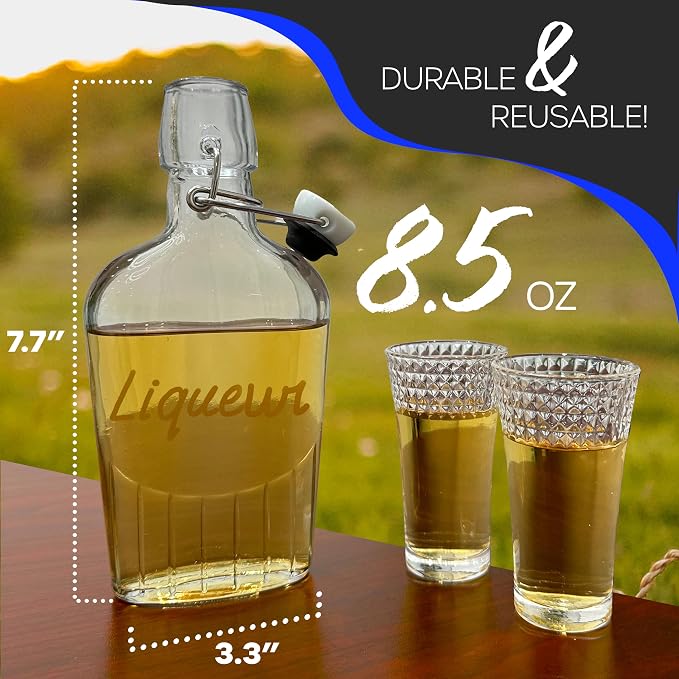 Nevlers 8.5 Oz Flask Flip Top Glass Bottle 18 PK | Limoncello Bottles with Stoppers, Shrink Wrap, Tags, Funnel, Marker & Brush| Swing Top Glass Bottles for Vanilla Extract | Hip Flask for Men & Women