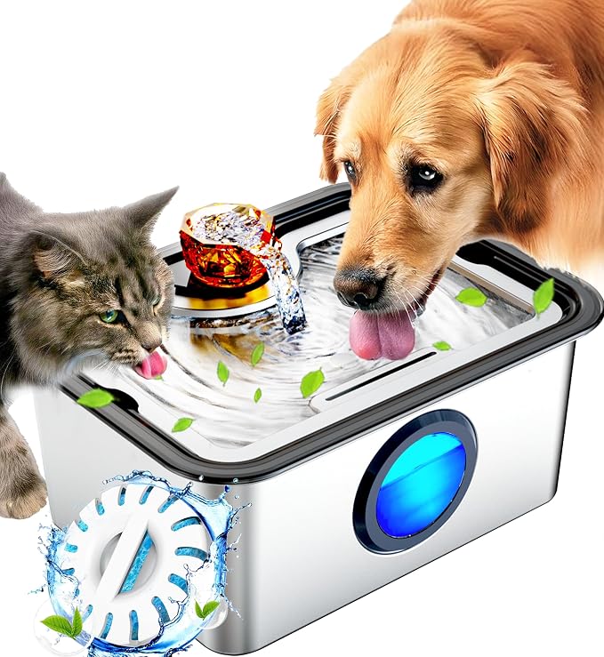 Large Dog Water Fountain SS304,3Gal Ultra-Purification Dog Cat Drinking Bowl Dispenser with Deep Purification Filter,Big Visual Window,Triple Waterfall Structures,Low Water Indicator Pump