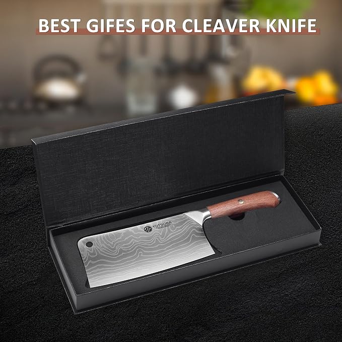 YOTSUBA 7 Inch Cleaver Knife-Ergonomic Rosewood Full Tang Handle, Ultra Sharp High Carbon German Steel Chopping Knife for Meat Vegetable, Gift Box for Home Cooks & Cooking Lovers