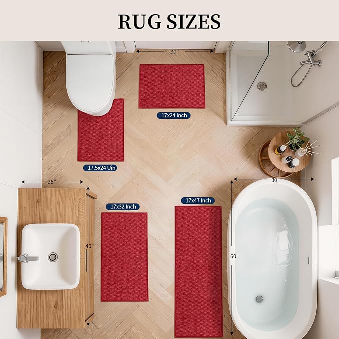 YIHOUSE Red Bathroom Rugs Sets 4 Piece, Quick Dry Thin Bath Mat with Toilet Rug, Non Slip Absorbent Machine Washable, Bath Runner Rugs for Bathtub Sink Home Decor