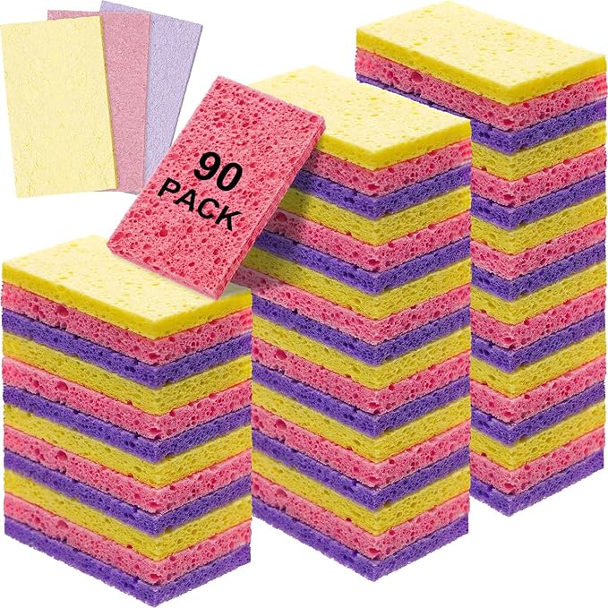 Zhengmy 90 Pieces Sponges Bulk Sponges Kitchen Compressed Sponge Natural Dish Sponge Compressed Wood Pulp Cleaning Without Scratching for Kitchen Bathroom, 3.9 x 2.4 x 0.12 Inch (Dark Color)