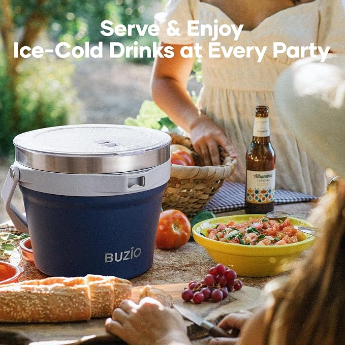 BUZIO 7 L Double Wall Ice Bucket for Parties with Lid and Scoop & Tongs | Insulated Vacuum Stainless Steel Ice Buckets with Handle and Adjustable Shoulder Strap, Fits 6 Longnecks or 3 Wine Bottles