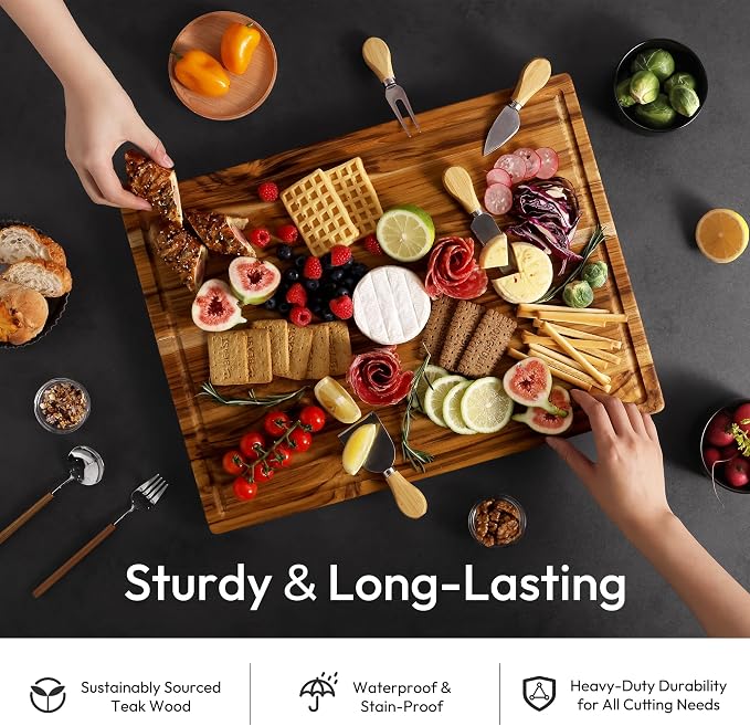 3 Pack Teak Wood Cutting Board Set for Kitchen Charcuterie Board Serving Heavy Duty Non Toxic Slip Over Sink Solid Thick Haus Wooden Chopping Board Large Big Small Meat Kitchen Essential Gift