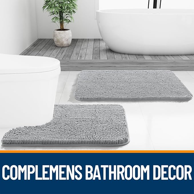 OLANLY Bathroom Runner Rugs 47x17, Soft Absorbent Chenille Bath Rugs, Rubber Backing Quick Dry, Machine Washable Long Bath Mats for Bathroom Floor, Tub and Shower, Home Decor Accessories, Light Grey