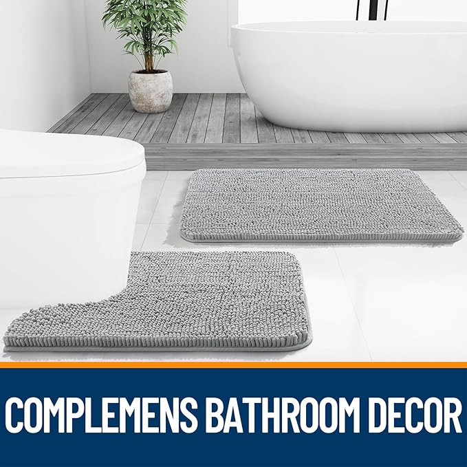 OLANLY Large Bathroom Rugs 40x24, Extra Soft Absorbent Chenille Bath Rugs, Rubber Backing Quick Dry, Machine Washable Bath Mats for Bathroom Floor, Tub and Shower, Home Decor Accessories, Light Grey