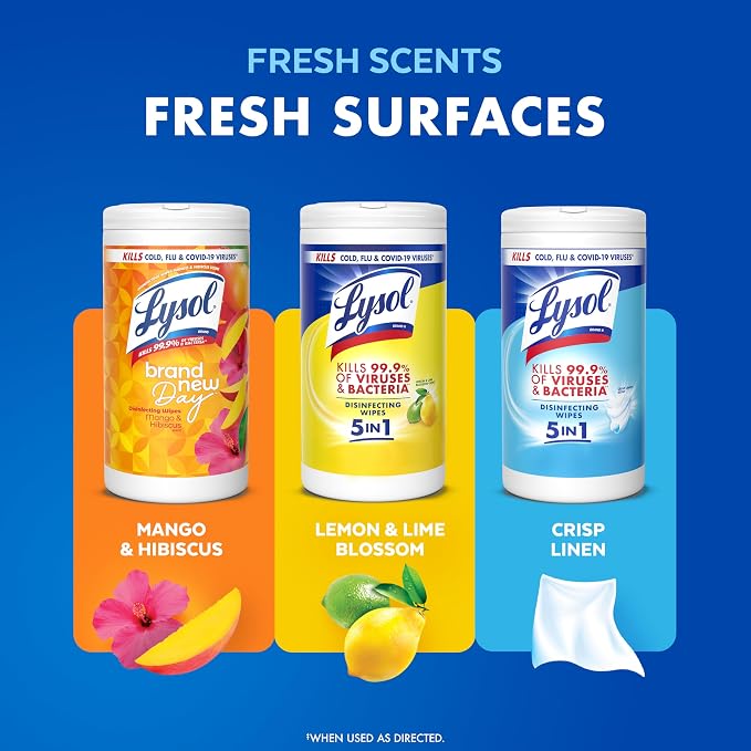 Lysol Disinfectant Wipes, Multi-Surface Antibacterial Cleaning Wipes, for Disinfecting and Cleaning, Lemon and Lime Blossom, 80 Count (Pack of 1)