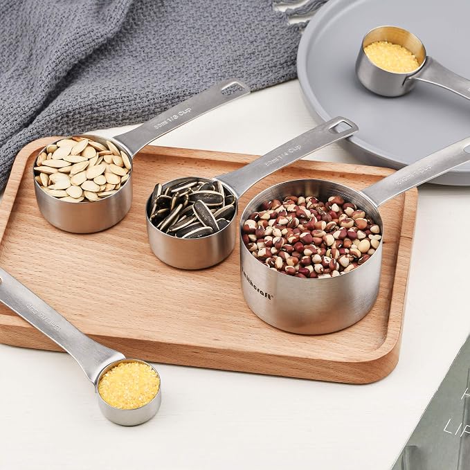 Measuring Cups Set, 18/8 Stainless Steel Measuring Cups and Spoons Set, 8 Kitchen Measuring cups & 9 Baking Measuring Spoons & Magnetic Conversion Chart&Leveler&Rings-Metal Measure Cups&Spoons