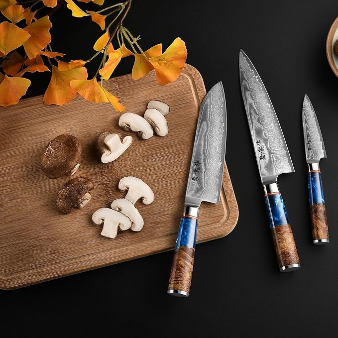 Japanese Chef Knife Set 3 Pcs, 67-Layer Damascus Kitchen Knife Set with VG10 Steel Core, Professional Sharp Damascus Knives with Ocean-Blue Ergonomic Handle, Include Elegant Cooking Gifts Box