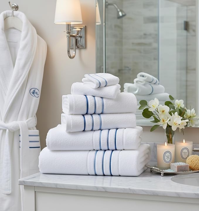 Bath Towels Set for Bathroom – Luxury 6-Piece Cotton Towels, Soft Absorbent & Quick Dry, 600 GSM Bath Towels for Bathroom, Hotel Spa Quality (White/Blue Azure, 6- Bath Towel Set)