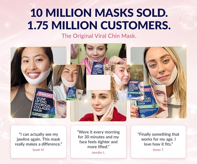 STYLIA V Line Lifting Collagen Face Mask - Lift, Firm & Contour Jawline - Double Chin Strap with Hyaluronic Acid & Aloe Vera - Hydrating Neck & Face Tightening Mask - Chin Strap for Sleeping - 20PC