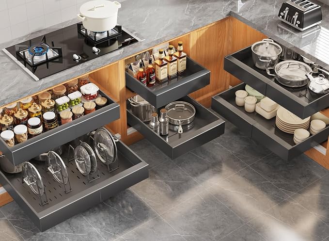 Seinloes 6Pack Expandable Pull Out Cabinet Organizer 21"Deep with Raising Pad for Framed Cabinets,Slide Out Drawers with 4pcs Divider Racks,Roll Out Shelves Adhesive,Adjustable Width 12.05"-20.4"Black