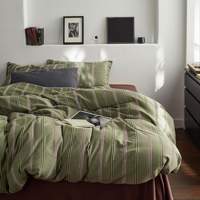 mixinni Vintage Olive Green Striped Duvet Cover Set King, 100% Cotton Yarn-Dyed Jacquard Bedding 3 Pieces, Reversible Design Retro Terracotta Comforter Cover with Zipper & Corner Ties