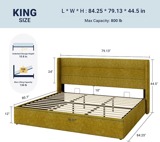 Allewie King Size Lift Up Hydraulic Storage Bed Frame Olive Yellow | Modern Wingback Headboard, Hydraulic Support Storage, No Box Spring Needed