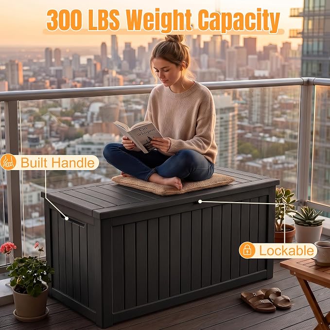 Outdoor Storage Box, 280 Gallon Waterproof Resin Deck Box with Support Rod | UV Resistant Lockable Package Delivery Bin, Shoe, Patio & Garden Tools Storage, Toy Cabinet, Ottoman, Indoor/Outdoor