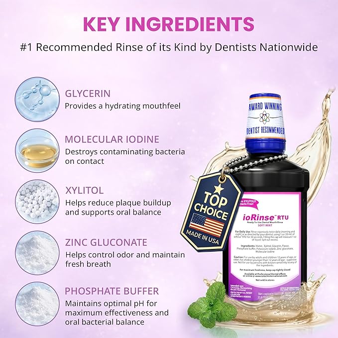 ioRinse RTU Halitosis Mouthwash for Fresh Breath, Dentists' Top Choice, Alcohol Free & Fluoride Free Molecular Iodine Oral Rinse, Soft Mint, Professional Clean Mouth Wash, RTU Mouthwash 33.8 oz
